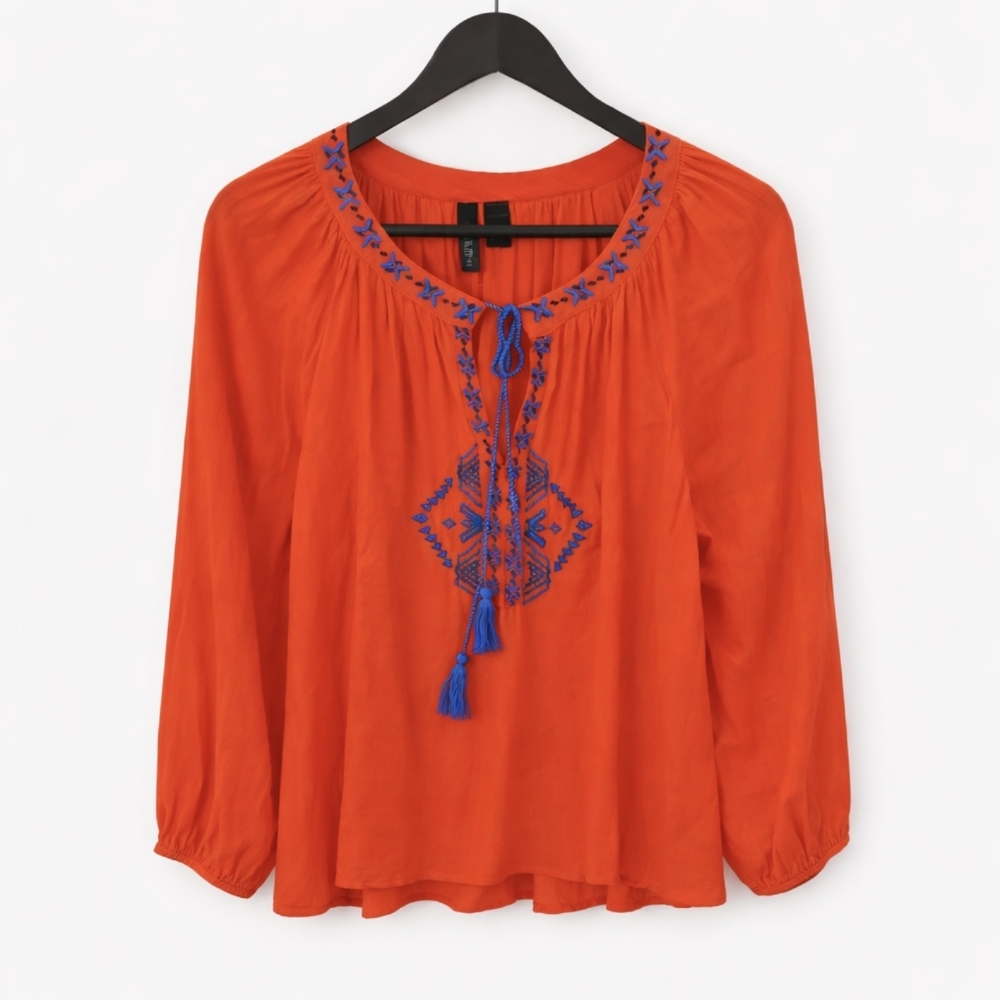 🎉 Fun & Flirt Orange Bohemian Embroidered Peasant Blouse See Meas.